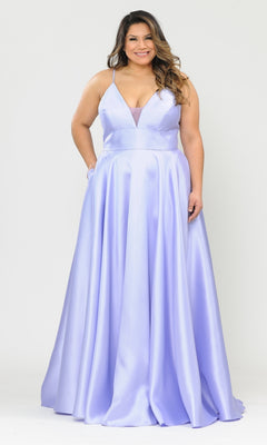 A woman in the Plus-Size Long Corset Prom Dress with Pockets W1070, a floor-length lilac gown with a deep V-neckline, stands against a plain white background.