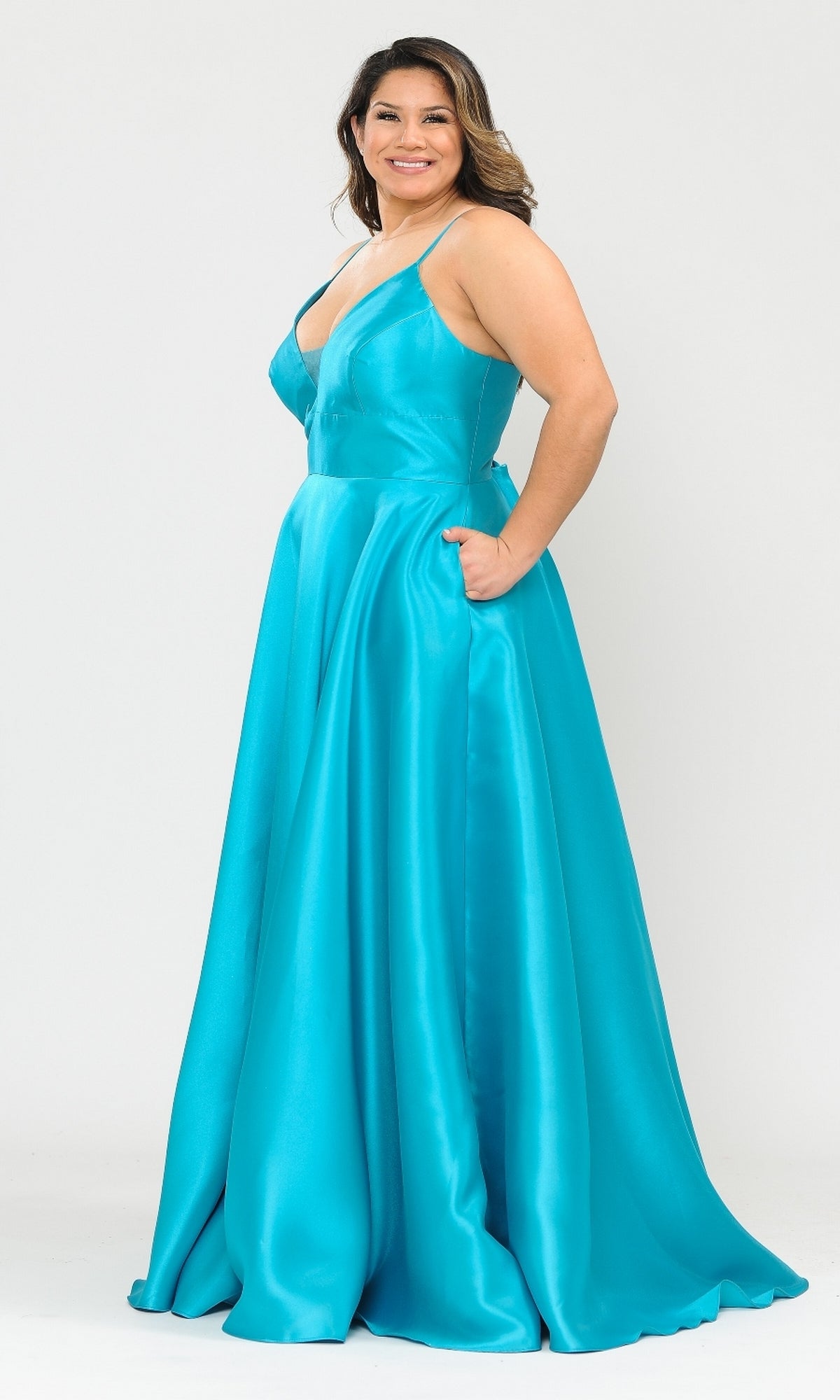 Plus-Size Long Corset Prom Dress with Pockets W1070