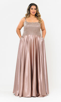 A woman wears the Lace-Bodice Plus-Size Long A-Line Prom Dress W1094, a sleeveless, floor-length pink satin gown with an embroidered lace bodice, standing against a plain white background.