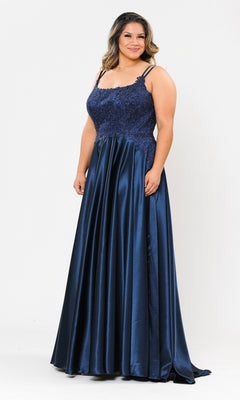 A woman faces forward wearing the Lace-Bodice Plus-Size Long A-Line Prom Dress W1094, featuring a sleeveless embroidered lace bodice and satin floor-length skirt, set against a plain white background.