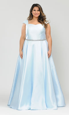 A woman wears a blue Plus-Size Cap-Sleeve Long Prom Dress W1104 featuring cap sleeves, a fitted bodice, and an elegant A-line silhouette—perfect for formal events or special occasions.