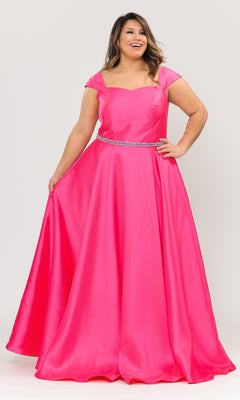A woman models the Plus-Size Cap-Sleeve Long Prom Dress W1104 in fuchsia, featuring a beaded belt and A-line skirt, as she poses holding out one side of the skirt.