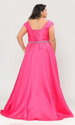 A woman faces away, wearing the Plus-Size Cap-Sleeve Long Prom Dress W1104—a bright pink, floor-length A-line dress with cap sleeves, a V-shaped back, and a decorative waistband.