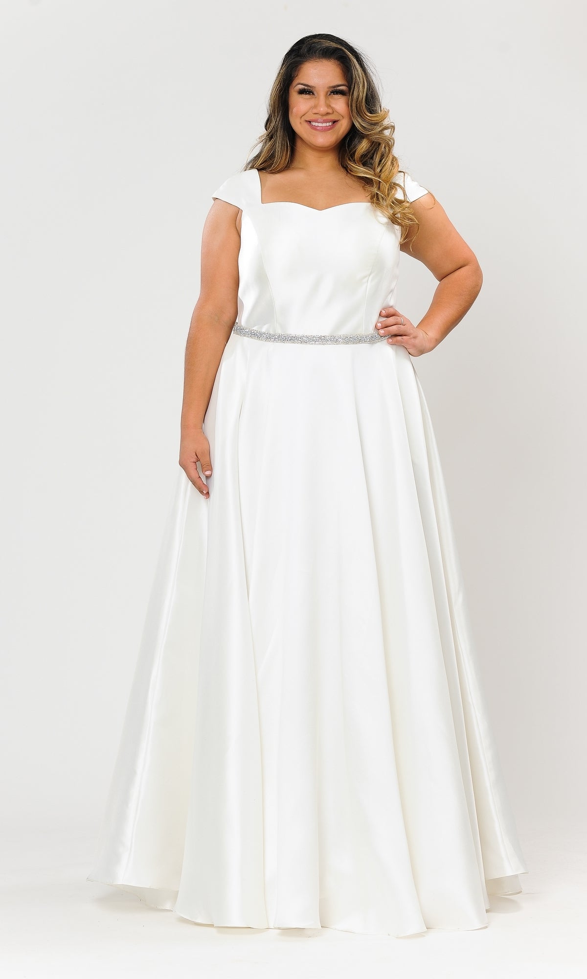 A woman stands facing forward in the Plus-Size Cap-Sleeve Long Prom Dress W1104, featuring a fitted bodice and jeweled belt, against a plain white background.