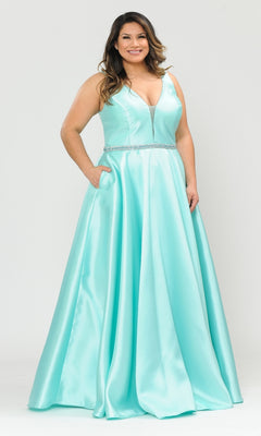 A woman smiles at the camera in the V-Neck Plus-Size Long Prom Dress with Pockets W1108, a sleeveless, floor-length mint satin gown featuring a V-neckline and pockets, posed against a plain background.