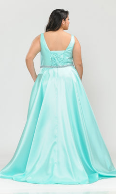 A woman is shown from the back wearing the V-Neck Plus-Size Long Prom Dress with Pockets W1108—a sleeveless, floor-length, light blue satin evening gown featuring a beaded waistband.