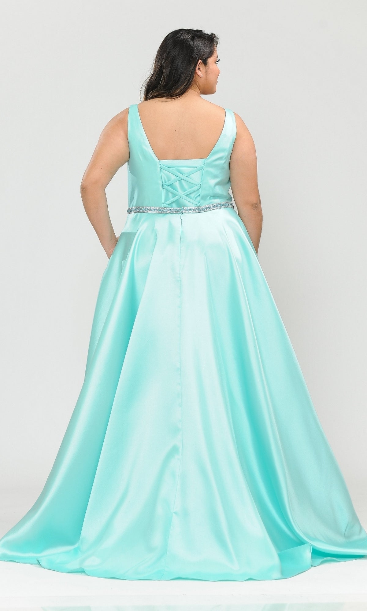 V-Neck Plus-Size Long Prom Dress with Pockets W1108