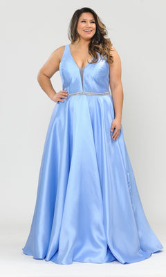 A woman in a sleeveless periwinkle V-Neck Plus-Size Long Prom Dress with pockets (style W1108) and decorative waistband stands against a plain background.