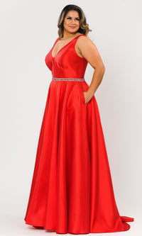 V-Neck Plus-Size Long Prom Dress with Pockets W1108