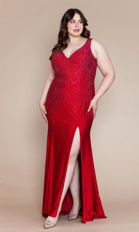 Lace-Up Plus-Size Long Beaded Prom Dress W1116