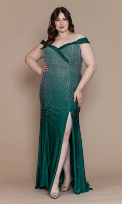 A woman wears the Beaded Plus-Size Long Corset Prom Dress W1120, featuring an off-the-shoulder design, green beaded fabric, sparkling embellishments, and a thigh-high slit, as she stands against a plain beige background.
