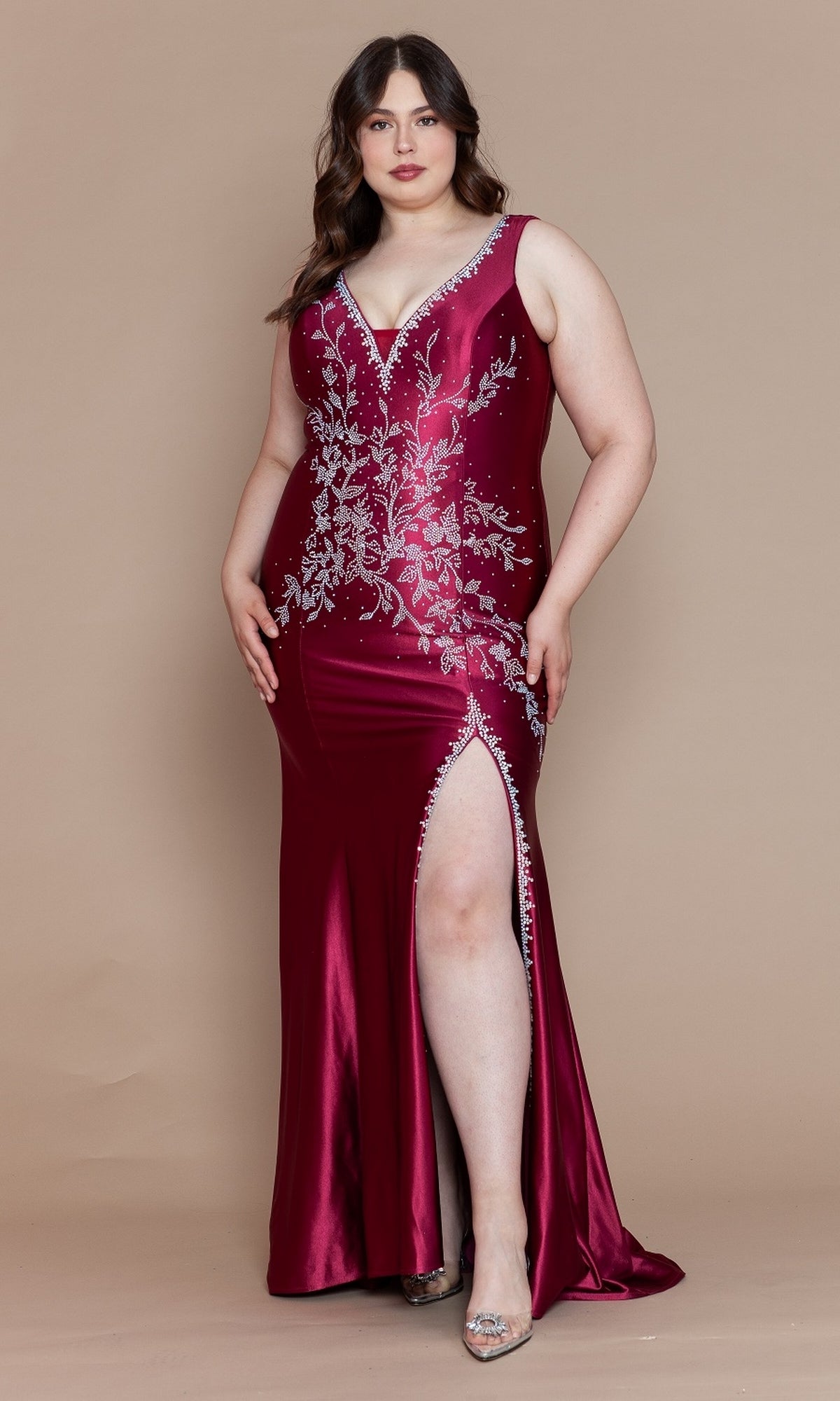 Plus-Size Long Spandex Prom Dress with Beads W1132