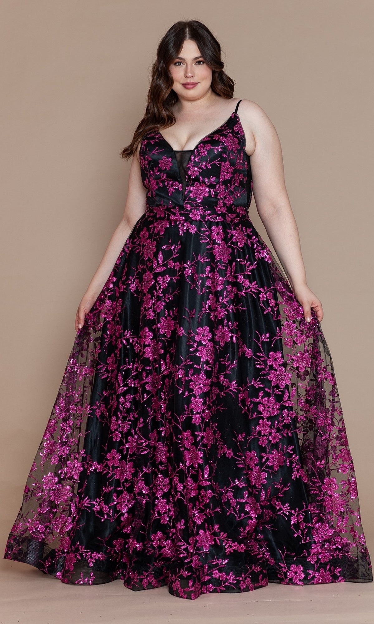 Plus-Size Long Glitter-Print Prom Gown - PromGirl