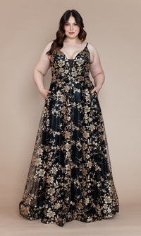 Plus-Size Long Glitter-Print Prom Gown - PromGirl