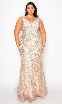 A woman stands against a white background wearing the Plus-Size Long Glitter Mermaid Prom Dress W1136—a sleeveless, floor-length light pink gown with silver sequin floral patterns.