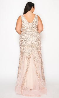 A woman in the Plus-Size Long Glitter Mermaid Prom Dress W1136 stands facing away from the camera, showing off its sleeveless, floor-length design and sparkling sequin details against a plain white background.