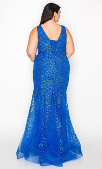 A woman is shown from the back wearing the Plus-Size Long Glitter Mermaid Prom Dress W1136 in royal blue, featuring a sleeveless design and floor-length silhouette with lace detailing, set against a plain white background.