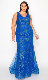 A woman models the Plus-Size Long Glitter Mermaid Prom Dress W1136, a sleeveless royal blue gown with sparkling glitter details and a floor-length mermaid silhouette, against a plain white background.
