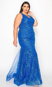 A woman models the Plus-Size Long Glitter Mermaid Prom Dress W1136, a sleeveless, floor-length royal blue formal gown, against a plain white background.