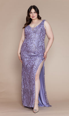 A woman models the Glitter-Print Long Plus-Size Prom Dress W1140 in lavender—a sleeveless, floor-length gown featuring sequin patterns and a thigh-high slit—standing against a beige background.
