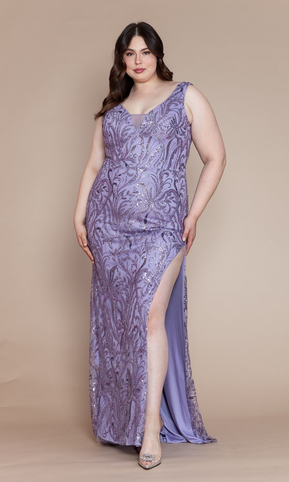 Glitter-Print Long Plus-Size Prom Dress W1140