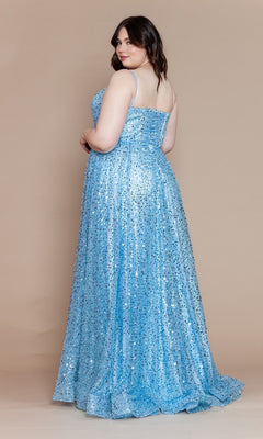A woman faces away, wearing the Corset-Back Plus-Size Long Sequin Prom Dress W1142 in light blue, sleeveless and floor-length, set against a plain beige background.