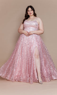 A woman poses against a beige background in the Corset-Back Plus-Size Long Sequin Prom Dress W1142 in blush, featuring spaghetti straps, a high slit, and paired with silver shoes.