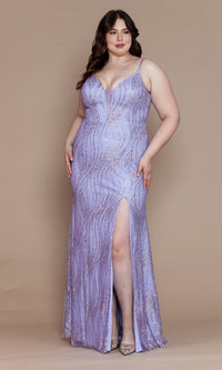 V-Neck Plus-Size Long Glitter Prom Dress W1156