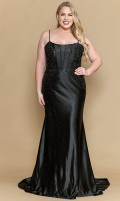 A woman poses against a beige background wearing the Plus-Size Tight Beaded Prom Dress: PolyUSA W1164—a long, black gown with thin straps and subtle bead embellishments.