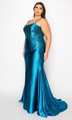 A woman models the Plus-Size Tight Beaded Prom Dress: PolyUSA W1164, featuring a fitted, floor-length design with thin straps, beaded sequin accents, and a slight train against a plain white background.