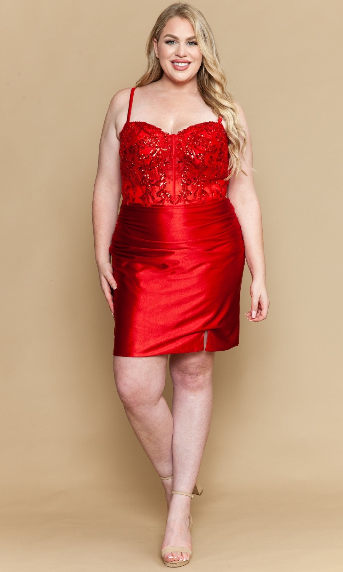 green emerald velvet dress Plus-Size Short Satin Semi-Formal Dress with Beads– PromGirl