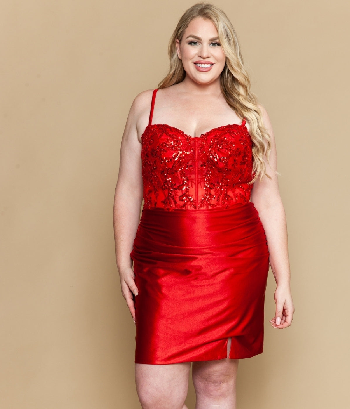 green emerald velvet dress Plus-Size Short Satin Semi-Formal Dress with Beads– PromGirl