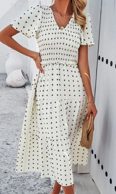 sachin and babi light blue dress V-Neck Short Casual Polka Dot Midi Dress– PromGirl