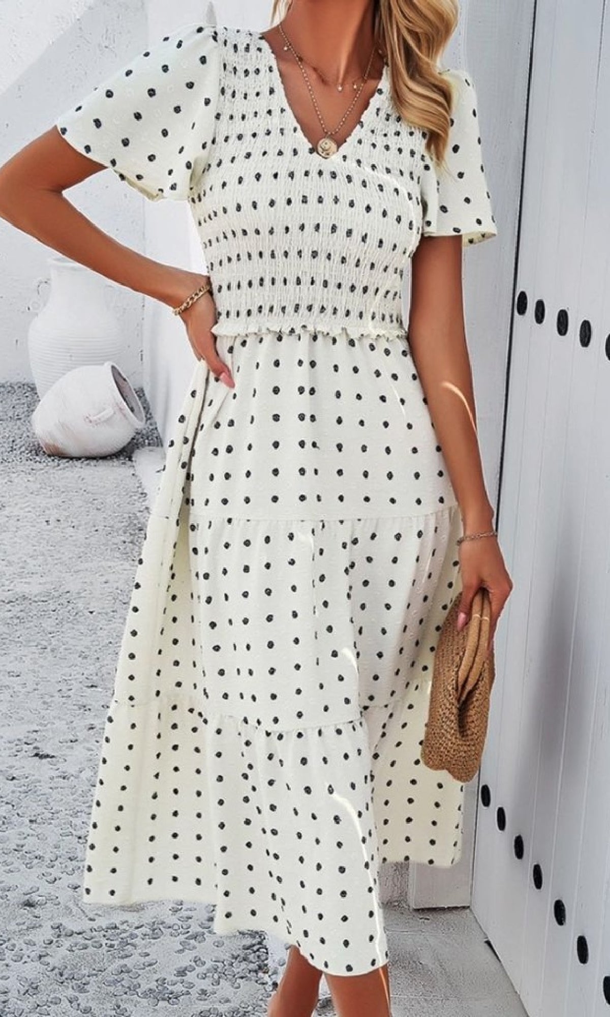 Smocked Casual Polka Dot Midi Dress