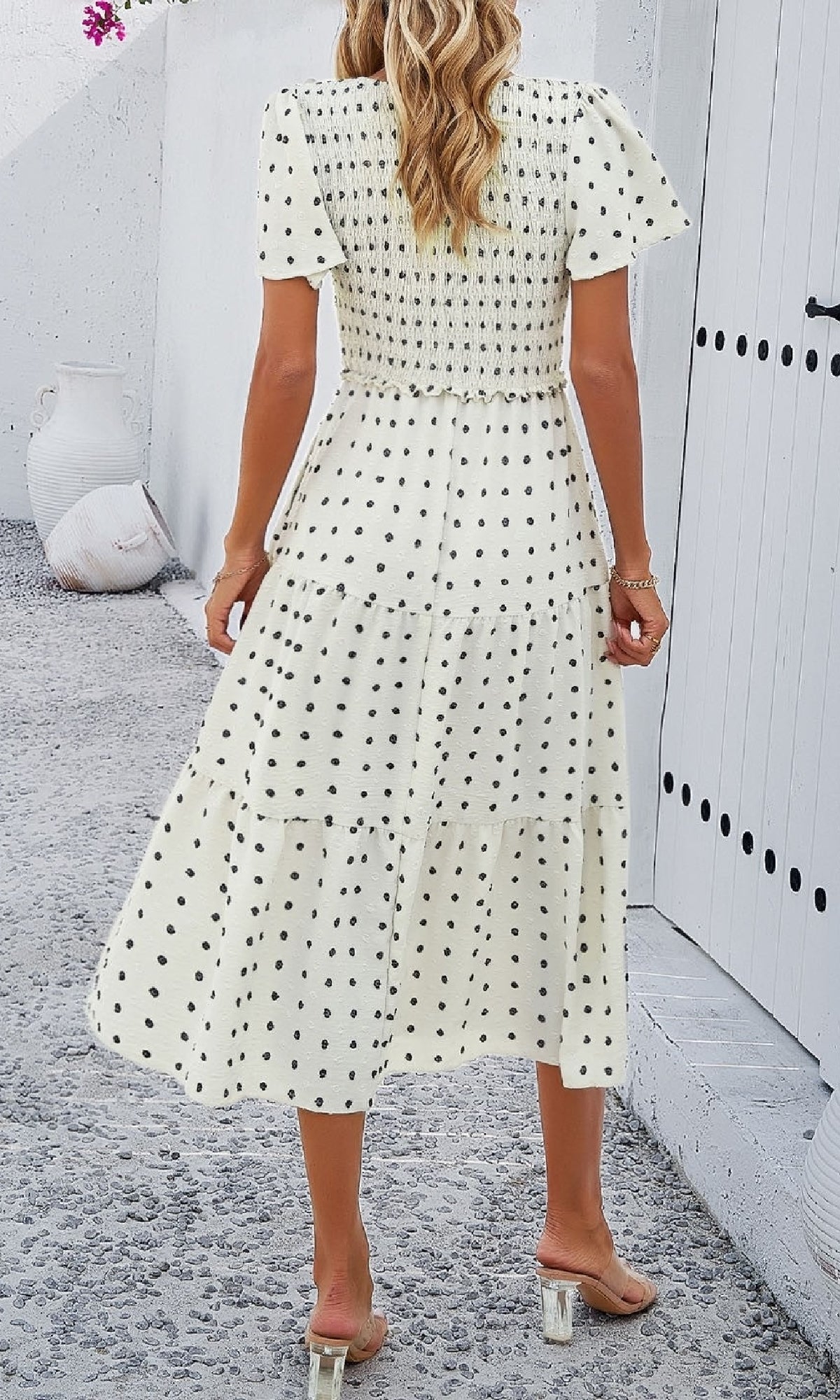 Smocked Casual Polka Dot Midi Dress