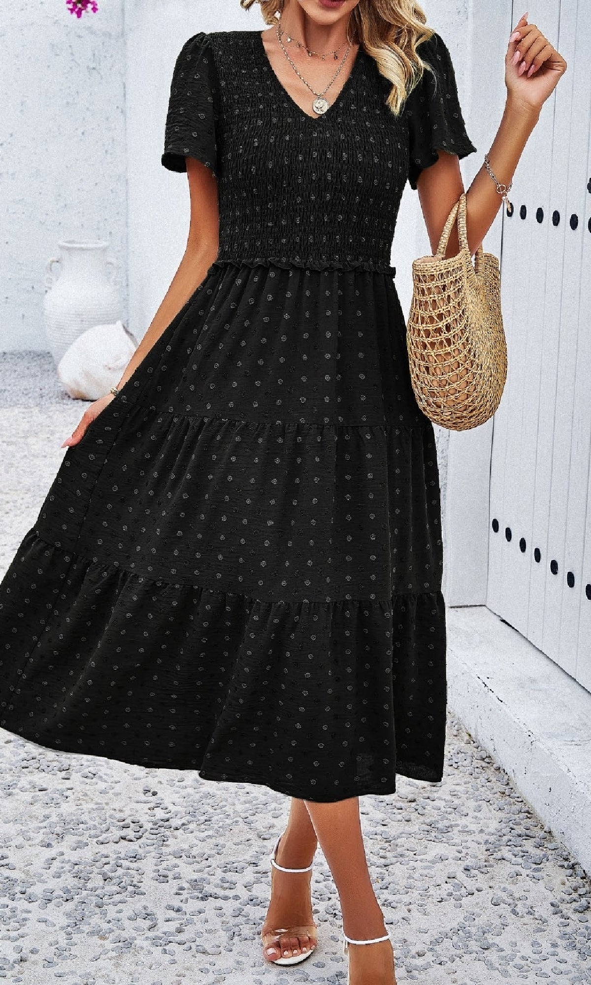 Smocked Casual Polka Dot Midi Dress