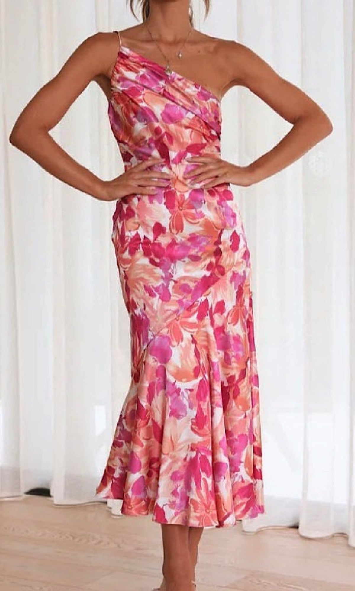 One-Shoulder Casual Floral Print Midi Dress