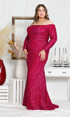 A woman stands indoors beside decorative vases and model sailboats, dazzling in the Long Sleeve Plus-Size Long Sequin Prom Dress W8876 in bright pink.