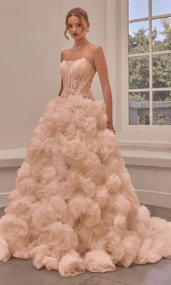Strapless cream Andrea & Leo WL092 ball gown with a corset-style bodice and a voluminous skirt covered in large, 3D rosette floral appliqués.