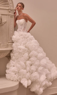 Andrea & Leo WL092 strapless ball gown featuring a corset bodice and a full, 3D rosette skirt covered in layered, ruffled fabric.