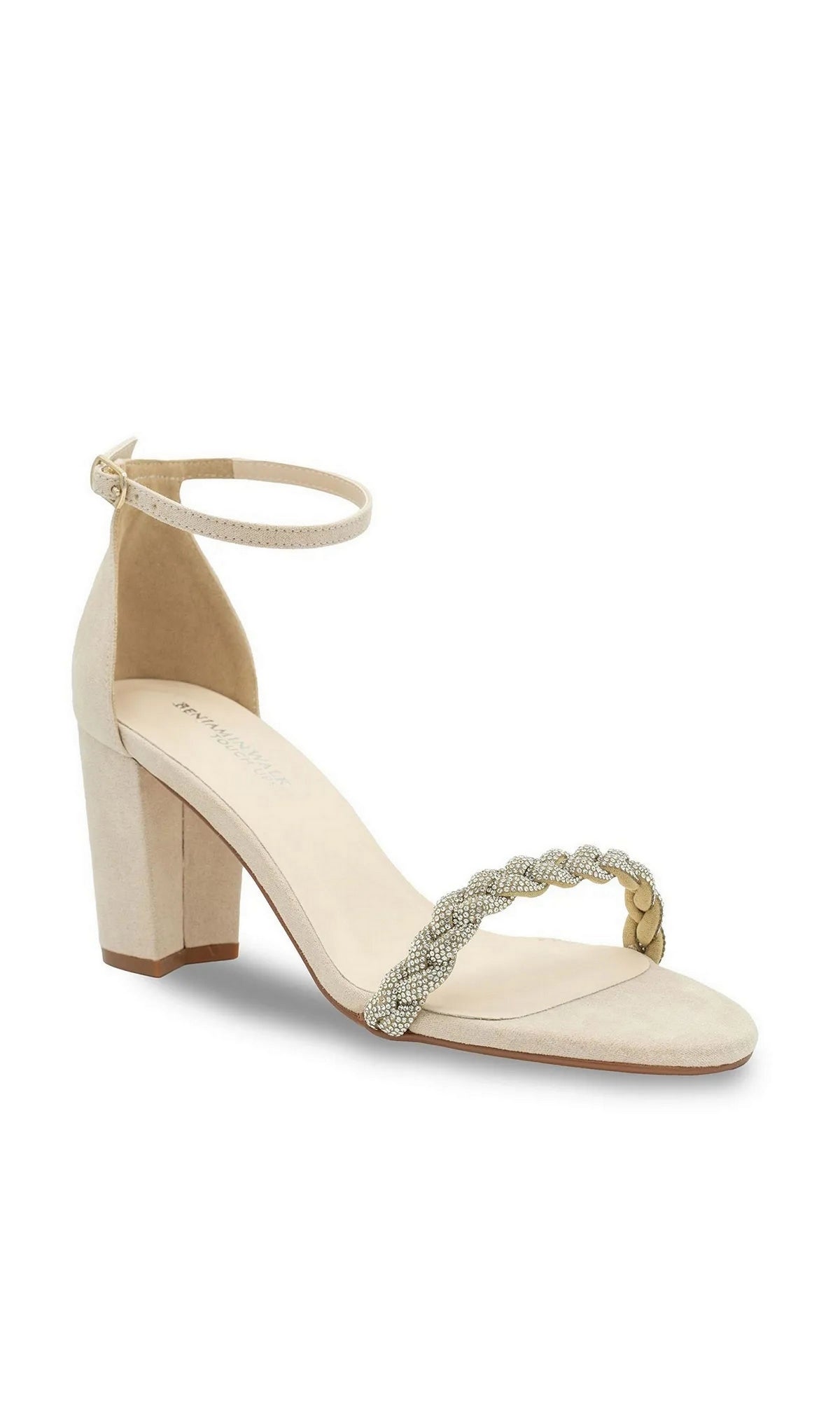 Whitney Beige Prom Shoes: Touch Ups 4674 beige faux suede ankle-strap sandal featuring a block heel and a rhinestone-encrusted braided toe strap.