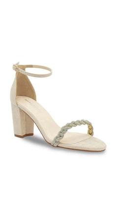 Whitney Beige Prom Shoes: Touch Ups 4674 beige faux suede ankle-strap sandal featuring a block heel and a rhinestone-encrusted braided toe strap.