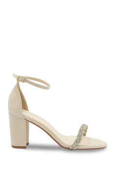 Whitney Beige Prom Shoes: Touch Ups 4674 beige faux suede ankle-strap block heel sandals with a braided, rhinestone-embellished toe strap.