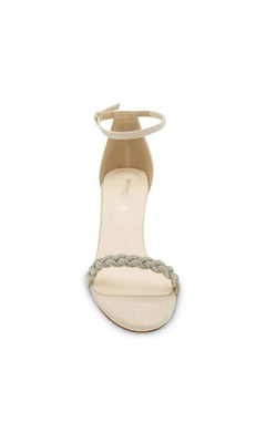 Whitney Beige Prom Shoes: Touch Ups 4674 are beige faux suede high-heeled sandals with a block heel, an ankle strap, and a braided rhinestone toe strap.