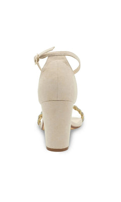 Back view of the Whitney Beige Prom Shoes: Touch Ups 4674, a beige faux suede ankle-strap block heel sandal with a jeweled front strap.