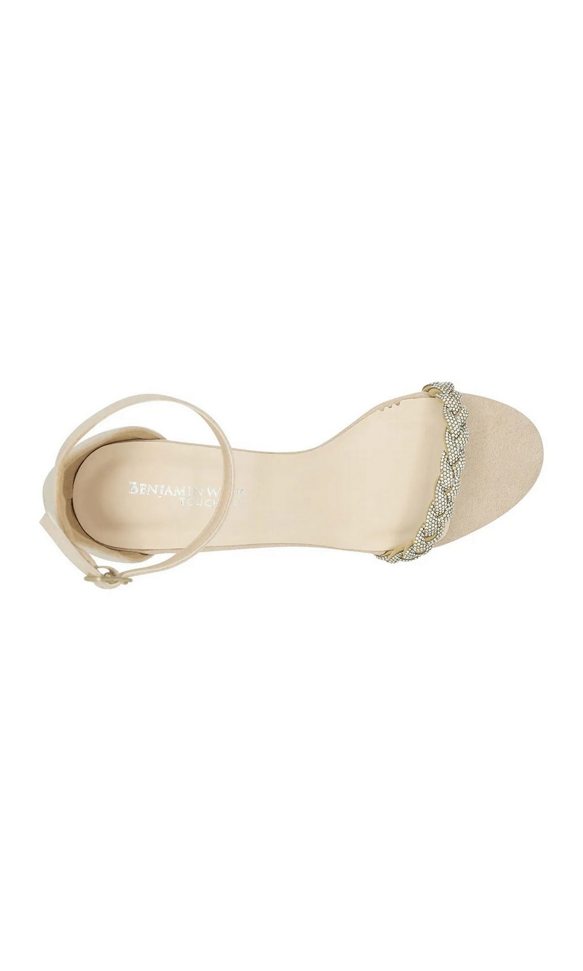 Whitney Beige Prom Shoes: Touch Ups 4674, a beige faux suede ankle-strap sandal with a rhinestone-embellished braided toe strap on a block heel.