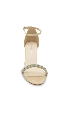Whitney Champagne Prom Shoes (Touch Ups 4672) featuring a champagne-colored ankle-strap with a braided, jeweled toe strap and a low block heel.