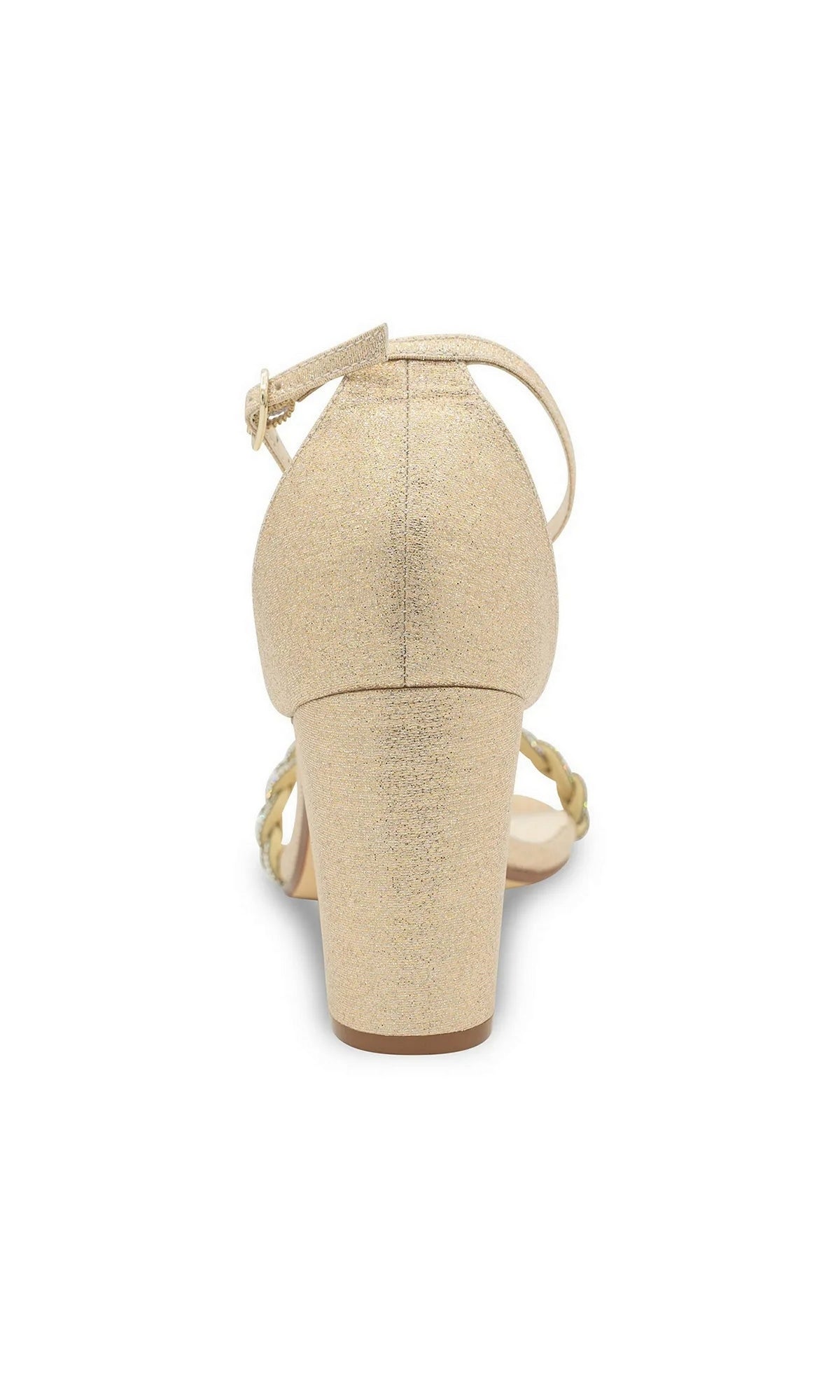 Back view of Whitney Champagne Prom Shoes: Touch Ups 4672, a shimmering champagne block-heel sandal with an ankle strap.