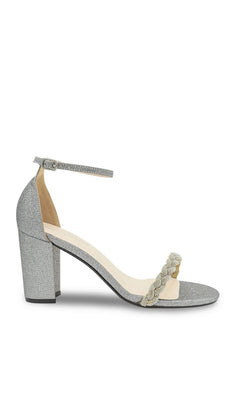 Whitney Pewter Prom Shoes: Touch Ups 4673 silver glitter block-heel sandal with an ankle strap and a braided rhinestone strap.