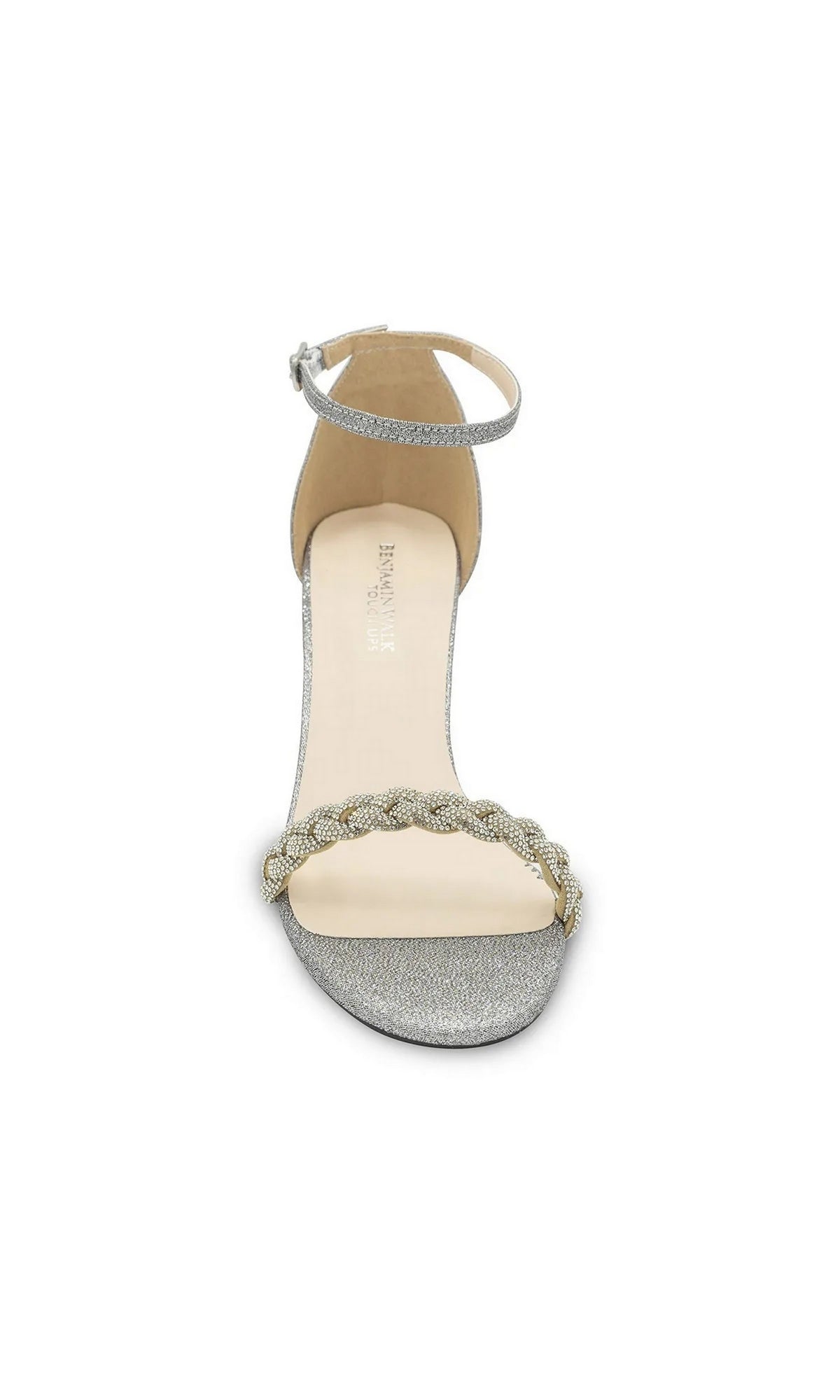 Whitney Pewter Prom Shoes: Touch Ups 4673 silver glitter high-heeled sandal with an ankle strap and a braided rhinestone strap.